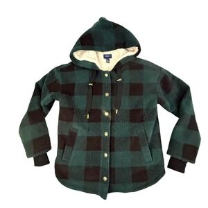 Forever 21 Buffalo Plaid Sherpa Lined Hooded Jacket Womens Small Green Black